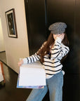 Sequin V-Neck Striped Lambswool Knit Top