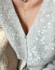 French-Style Sequin V-Neck Gray Knit Cardigan