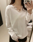 High-GSM cotton-feel V-neck tee with elegant lace trim
