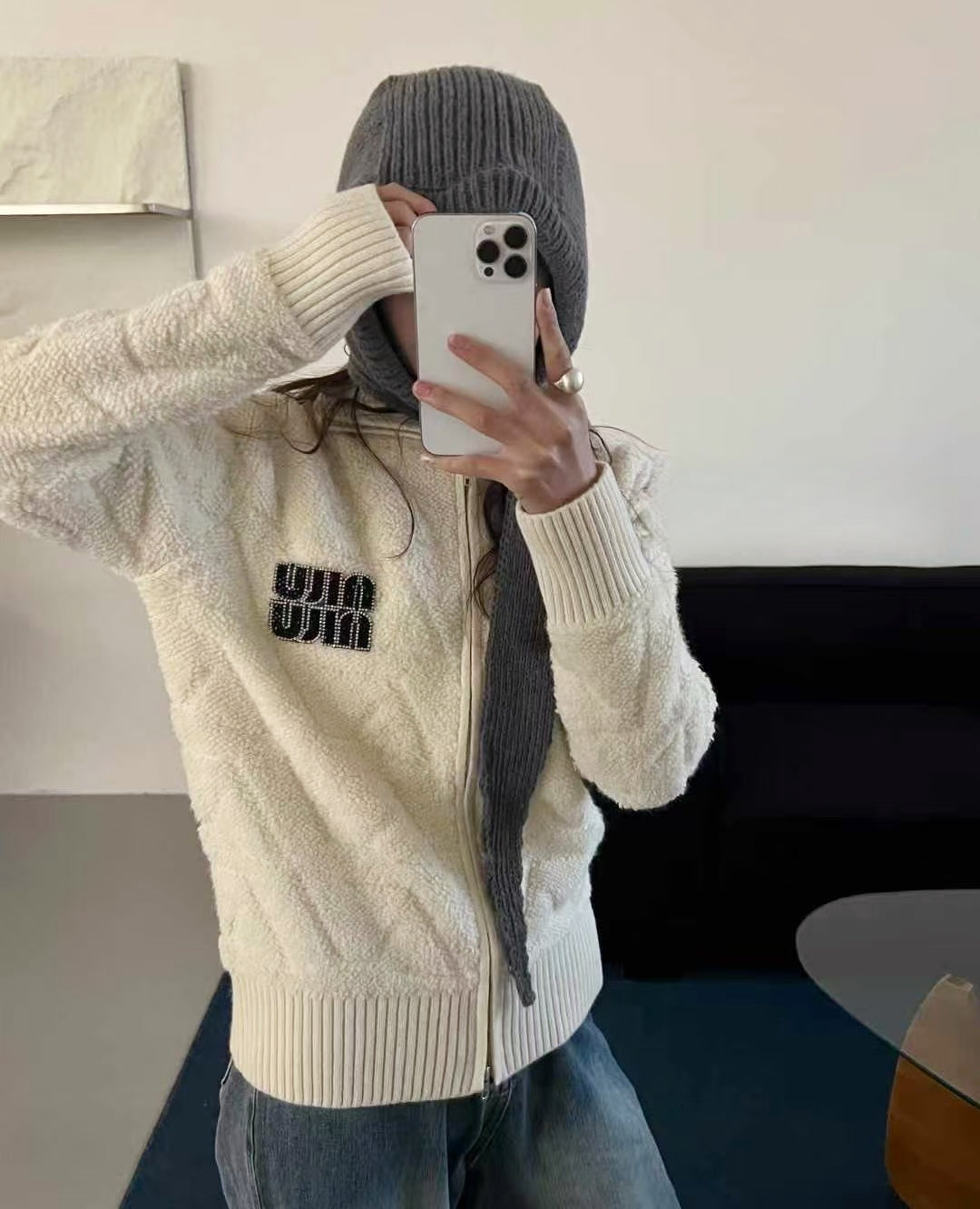 Extra-Thick Mu Style Stand Collar Zip Cardigan