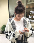 Korean OPEN YY Rose Jacquard Thick Knit Cardigan