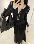 Contrast Patchwork Knit Long-Sleeve Tee
