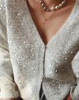 French-Style Sequin V-Neck Gray Knit Cardigan
