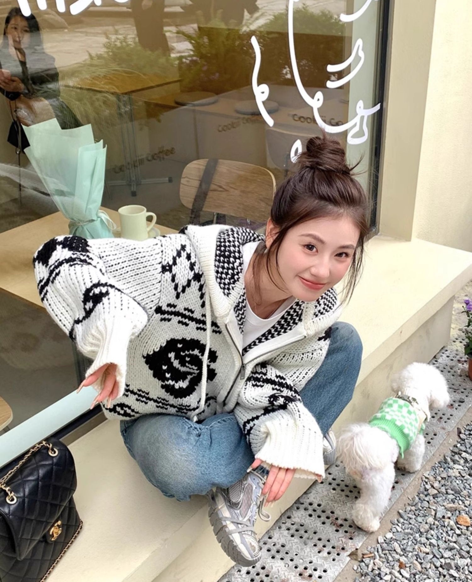 Korean OPEN YY Rose Jacquard Thick Knit Cardigan