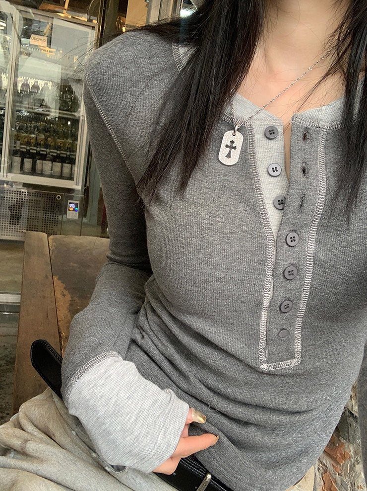 Contrast Patchwork Knit Long-Sleeve Tee