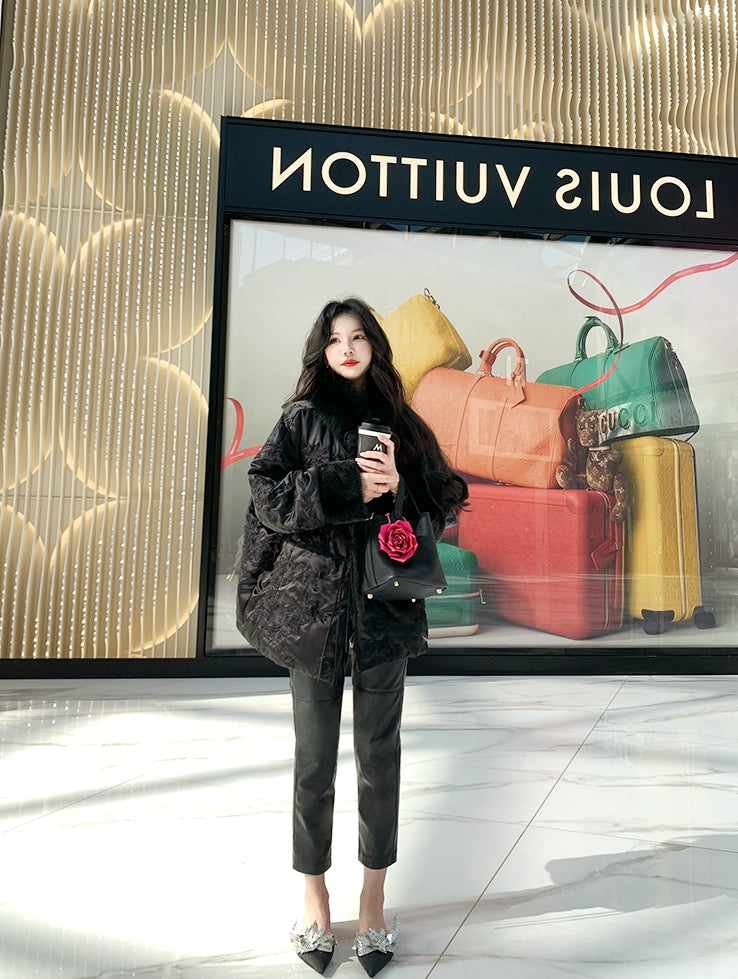 New Chinese Style Satin Embroidered Down Jacket (Without Fur Scarf)
