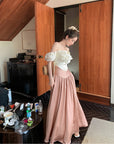 Satin Long Skirt + Line Neck Top