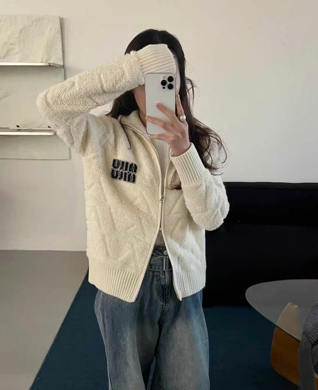 Extra-Thick Mu Style Stand Collar Zip Cardigan