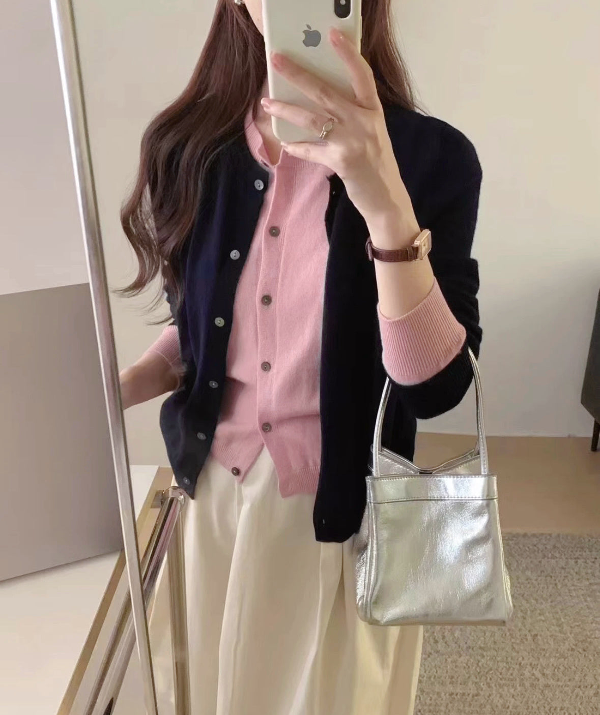 MIU-Style Wool-Blend Layered Knit Cardigan