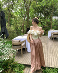 Satin Long Skirt + Line Neck Top