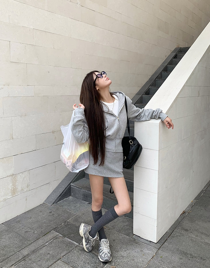 Grey Baseball Jacket + Hooded Sweatshirt 2-Piece Set