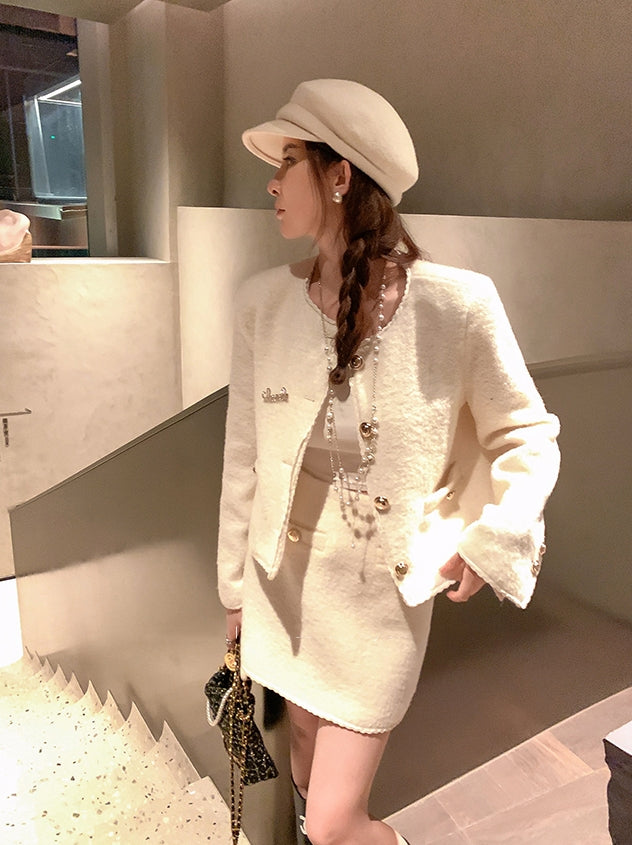 Wool Blend Bouclé Tweed Set with Golden Buttons