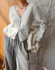 French-Style Sequin V-Neck Gray Knit Cardigan