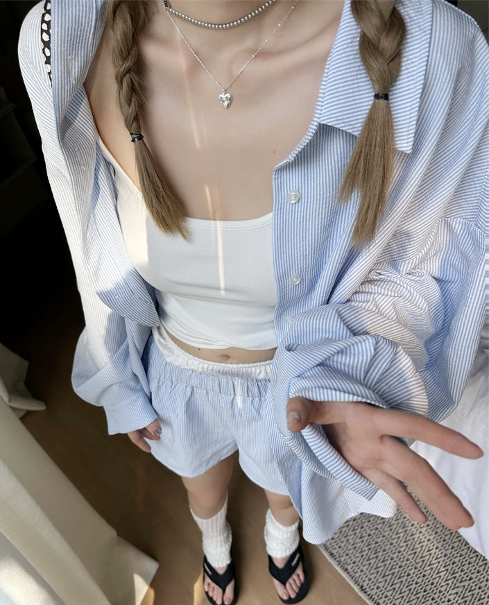 Striped Long-Sleeve Shirt + Shorts Set