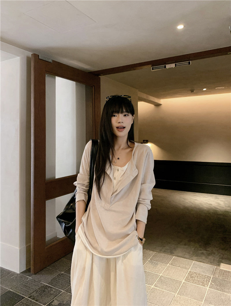 Snowflake Tencel Cotton Layered-Look Half-Placket Shirt+PANT