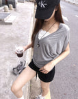Regular-Shoulder Lace Patchwork Batwing Waist Tee
