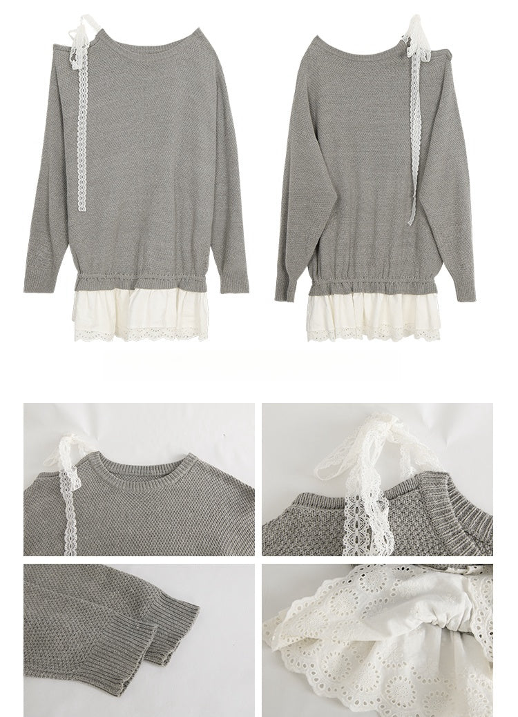 Off-Shoulder Lace Patchwork Knit Dress