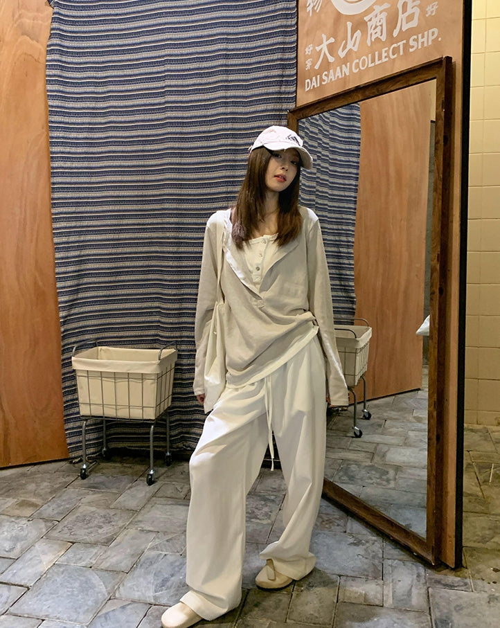 Snowflake Tencel Half-Placket Shirt + Wide-Leg Pants Set