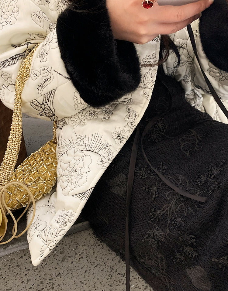 New Chinese Style Satin Embroidered Down Jacket (Without Fur Scarf)
