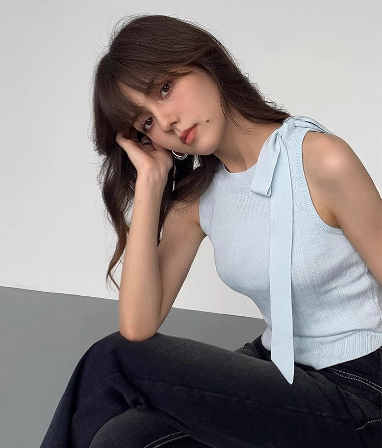 Side Bow Tie Lace-up Sleeveless Tencel Vest