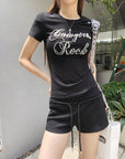 Black Structured Shoulder Beaded Cotton Tee