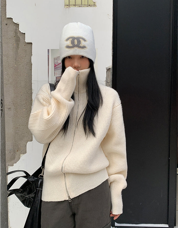 Double-Zip High Neck Thick Knit Cardigan