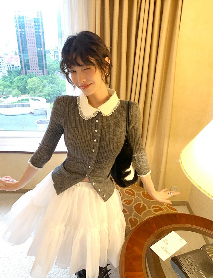 Doll Collar Slim-Fit Knit Cardigan with Mid Sleeves