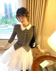 Doll Collar Slim-Fit Knit Cardigan with Mid Sleeves