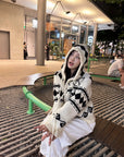 Korean OPEN YY Rose Jacquard Thick Knit Cardigan