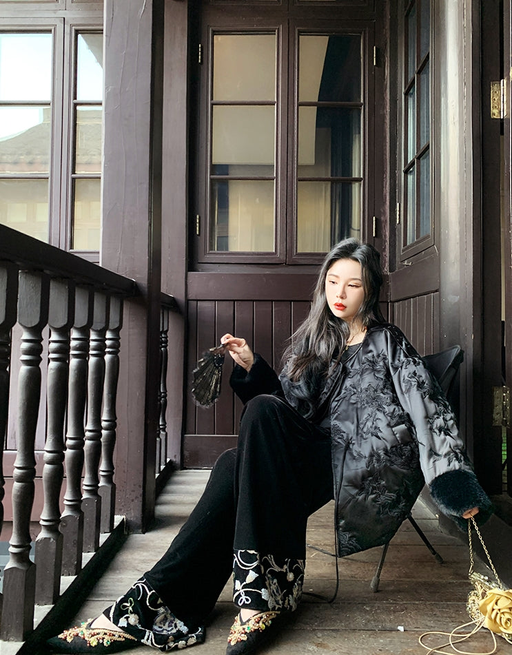 New Chinese Style Satin Embroidered Down Jacket (Without Fur Scarf)