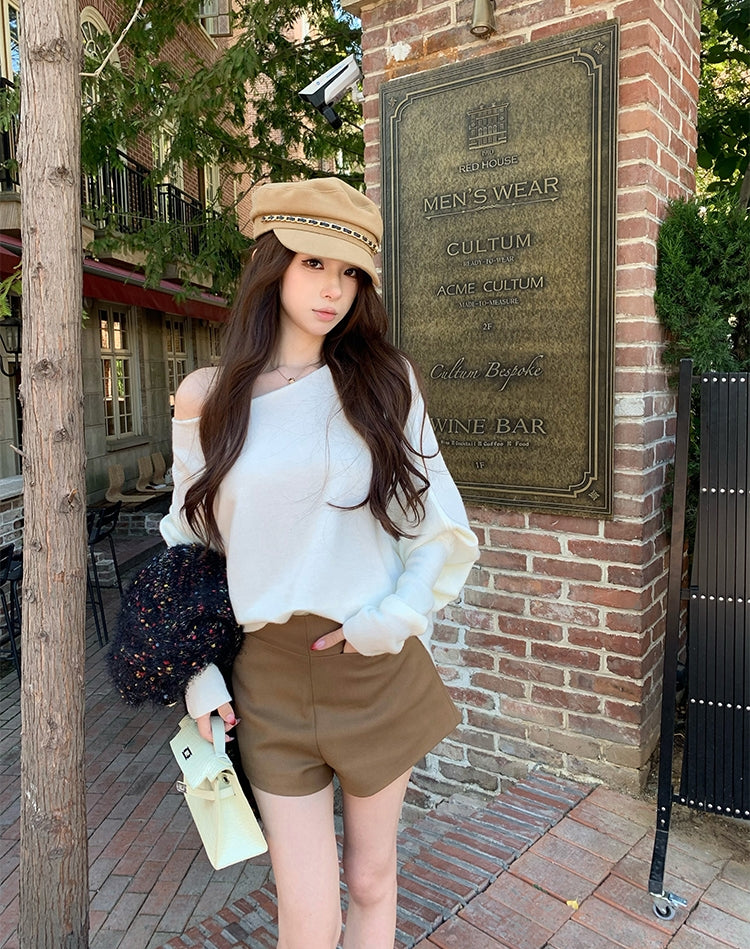Stylish Asymmetrical Shoulder Knit Long-Sleeve Top