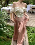 Satin Long Skirt + Line Neck Top