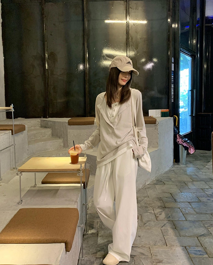 Snowflake Tencel Half-Placket Shirt + Wide-Leg Pants Set