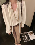 White Moonlight Ribbon Chiffon V-Neck Blouse