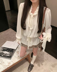 White Moonlight Ribbon Chiffon V-Neck Blouse
