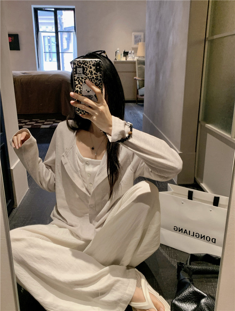 Snowflake Tencel Cotton Layered-Look Half-Placket Shirt+PANT