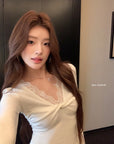 V-Neck Lace Spliced Pure Desire Knit Top