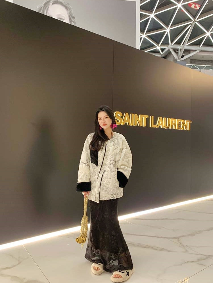 New Chinese Style Satin Embroidered Down Jacket (Without Fur Scarf)