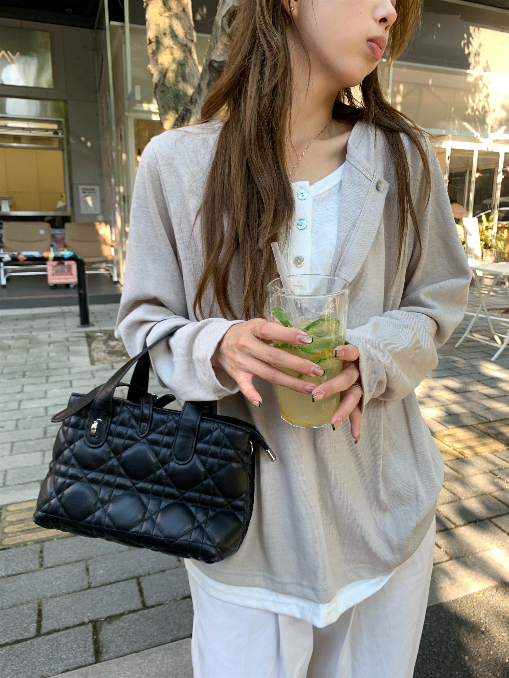 Snowflake Tencel Cotton Layered-Look Half-Placket Shirt+PANT