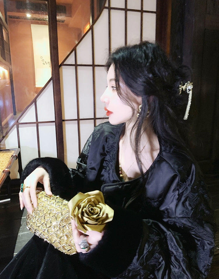 New Chinese Style Satin Embroidered Down Jacket (Without Fur Scarf)