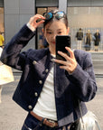 Korean-style short blue tweed jacket – youthful look