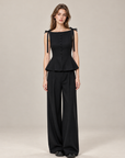 French-Inspired Black Bow-Tie Peplum Top & Wide-Leg Pants Set