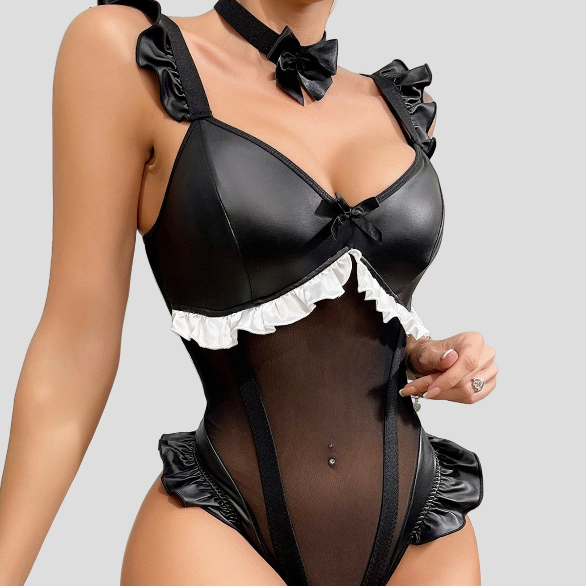 PU Patchwork Mesh Ruffled Bodysuit Lingerie