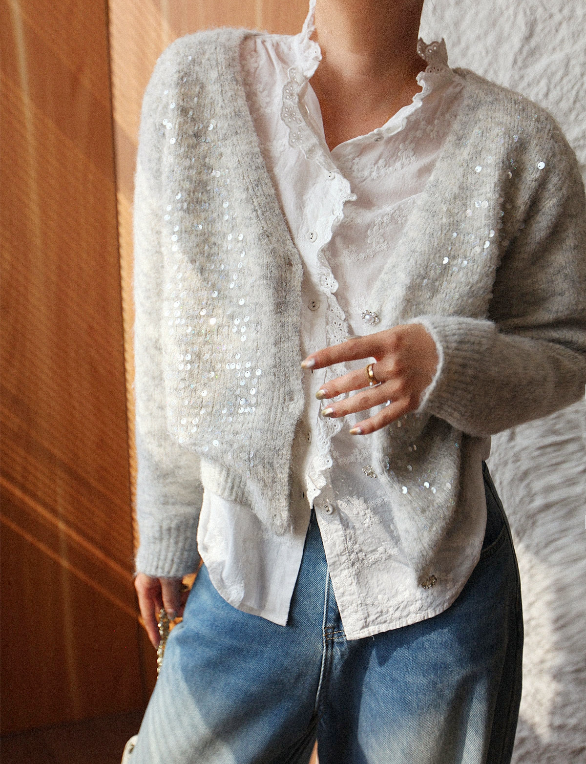 French-Style Sequin V-Neck Gray Knit Cardigan
