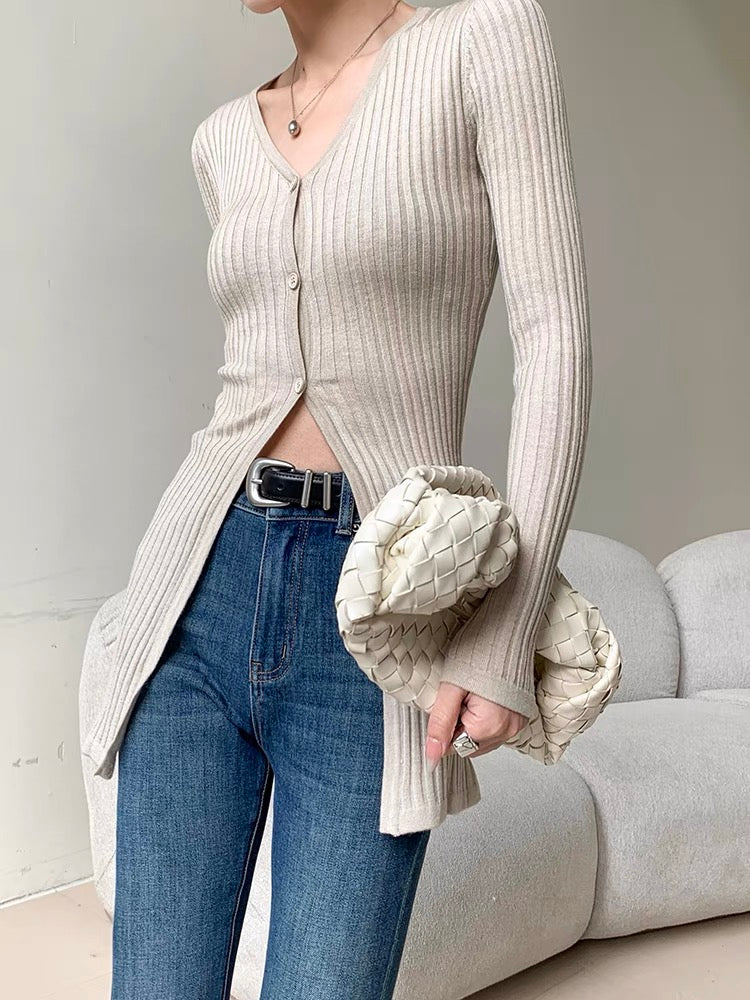 Khaki Long-Sleeve Knit Cardigan