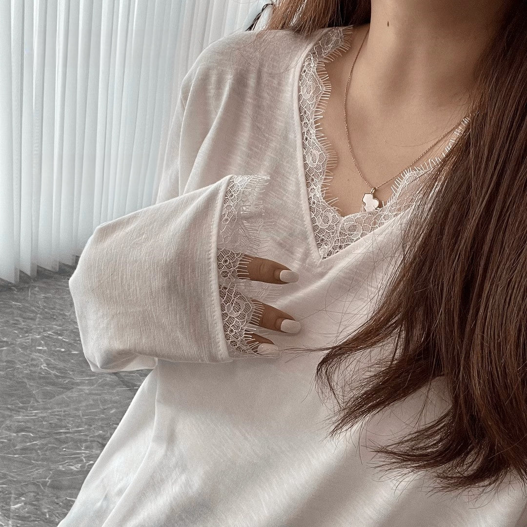 High-GSM cotton-feel V-neck tee with elegant lace trim.