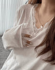 High-GSM cotton-feel V-neck tee with elegant lace trim