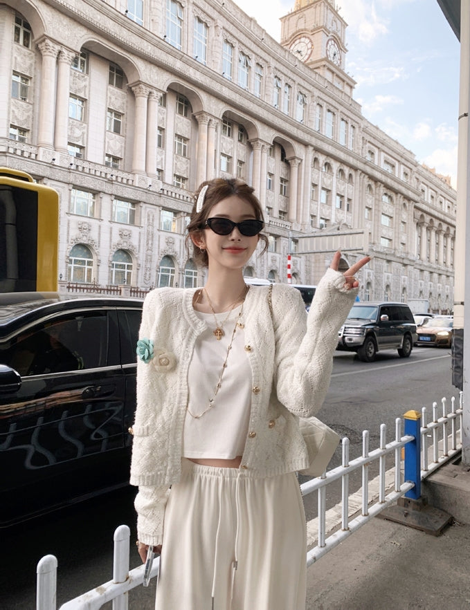 Sequined Argyle Knit Tweed-Style Cardigan (with Brooch)