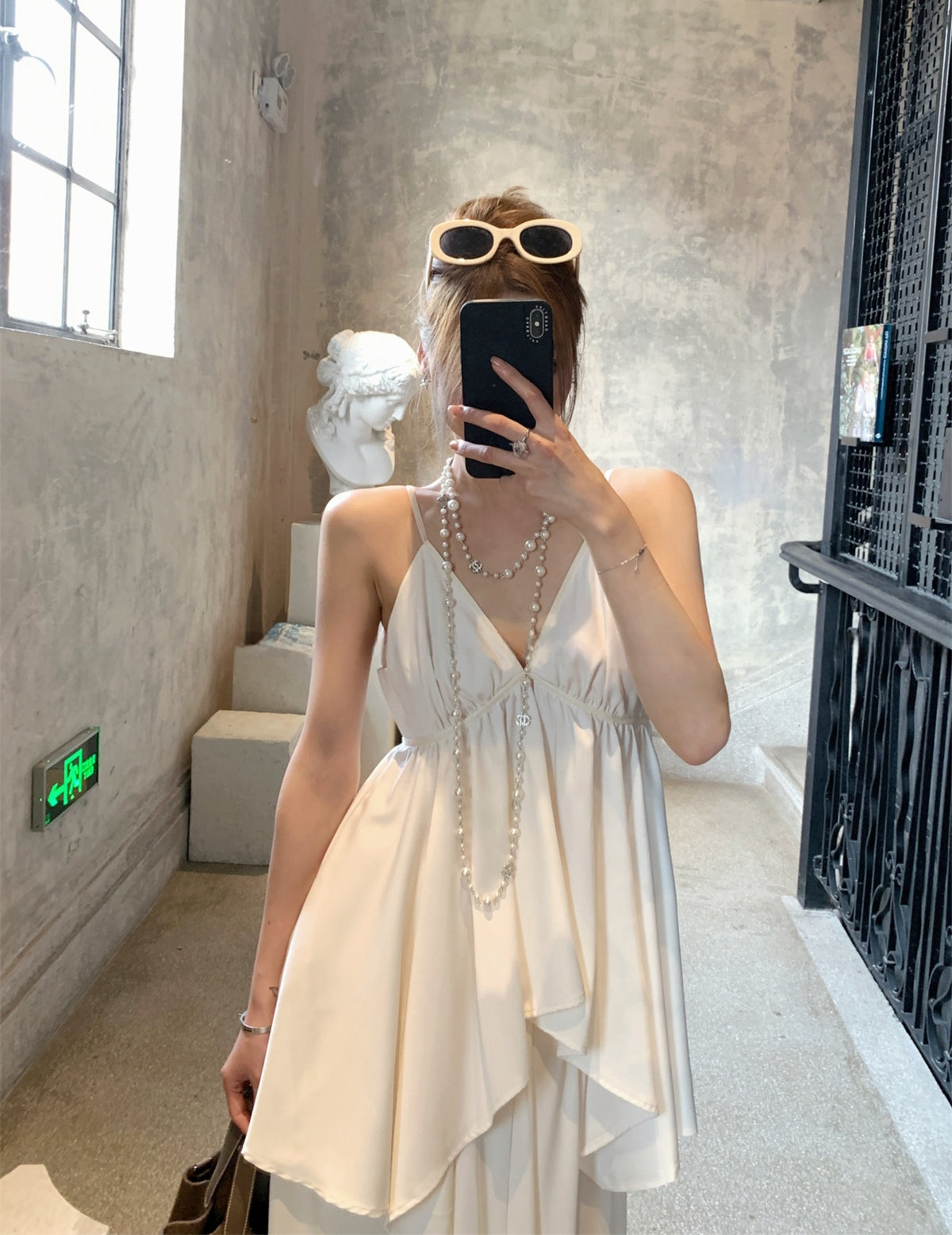 Soft White Tea Satin Deep V-Neck Camisole
