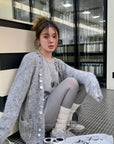 Relaxed Sequin Knit Cardigan with Sheer Details